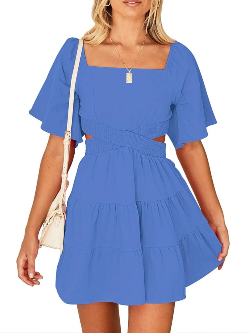 Women's Summer Dresses Square Neck Casual Short Sleeves Party Mini Dress